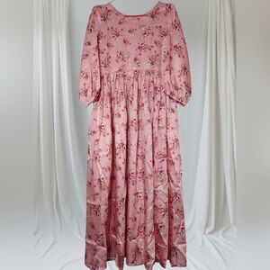 Custom Tailored Silk Floral Dusky Peach Pink Women's Maxi Dress With Pleates